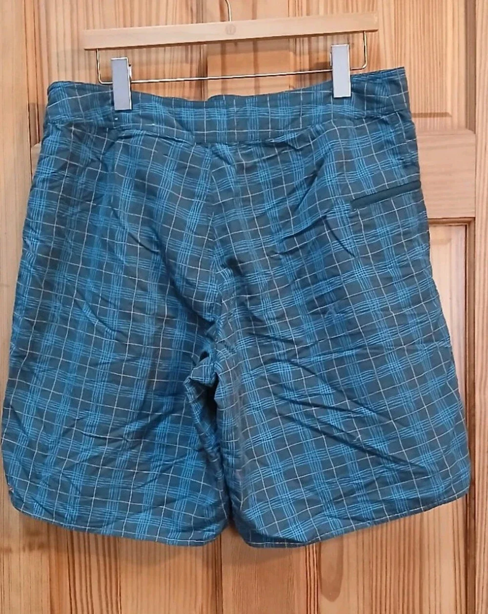 Patagonia Swim Trunks Mens 35 Blue Plaid Regular-Fit Lace-Up 100% Nylon Beach
